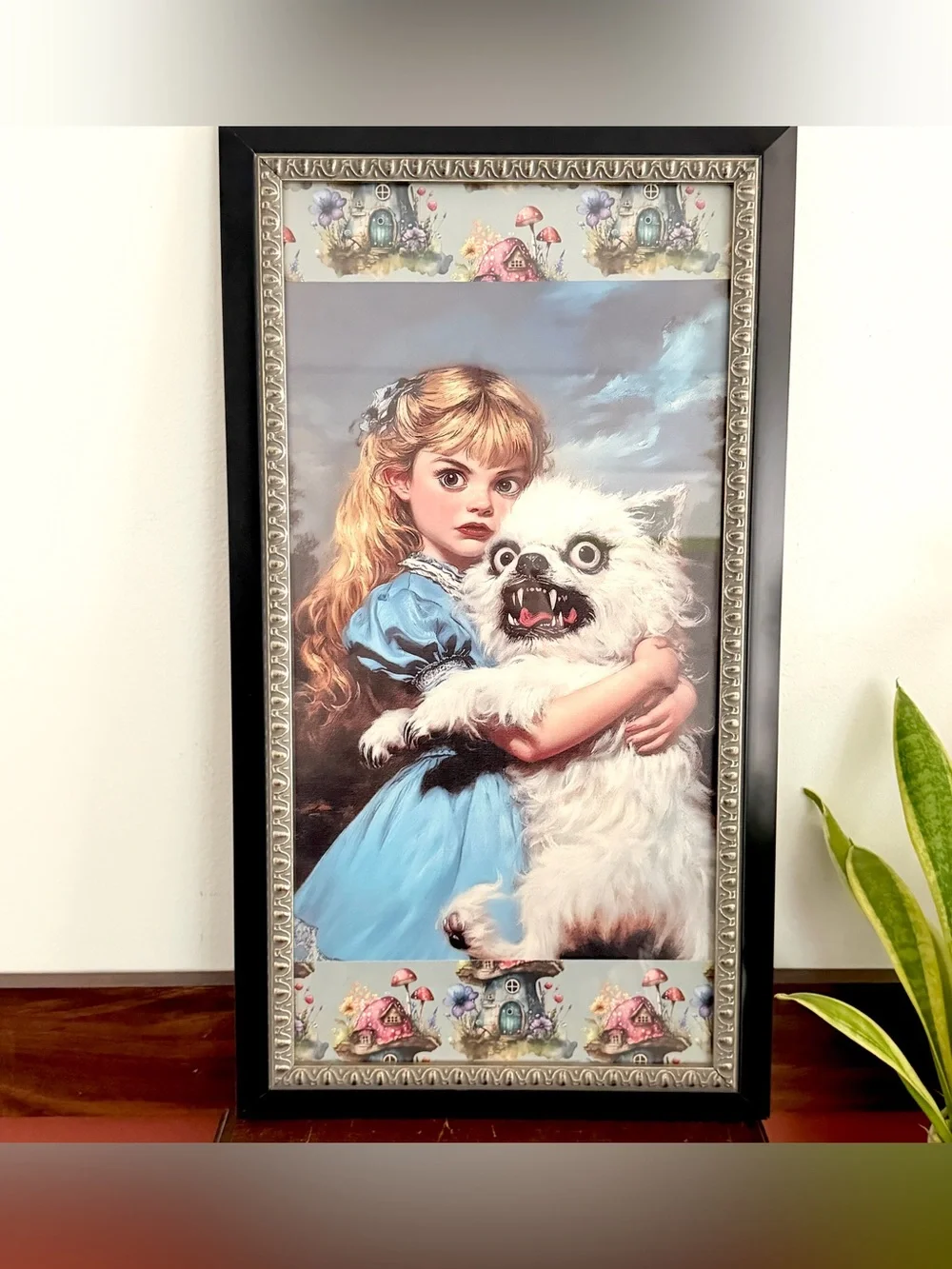Surreal Spooky Whimsical Girl w/ Dog Scary Canvas Art Print Vintage Framed 12x22